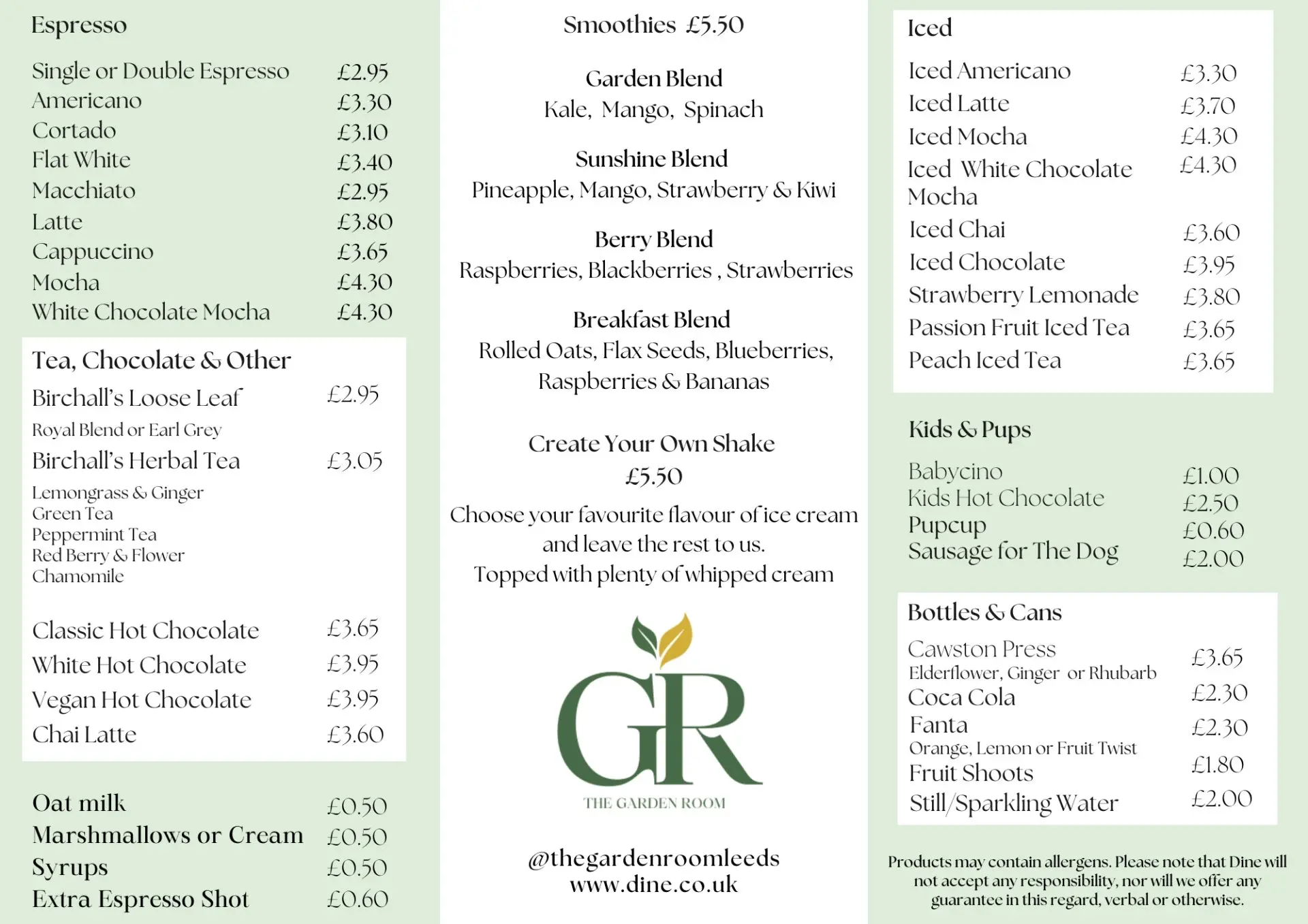 Dine Venues | The Garden Room cafe | Roundhay Park Cafe Menu